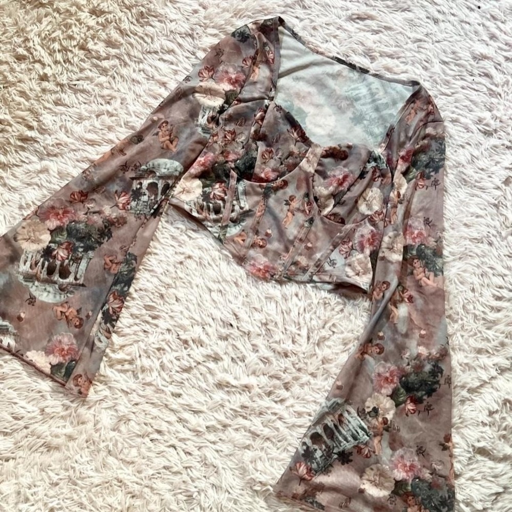 Baroque Romantic Victorian Goddess Bustier Bell Sleeve Crop Top Women L Artistic
